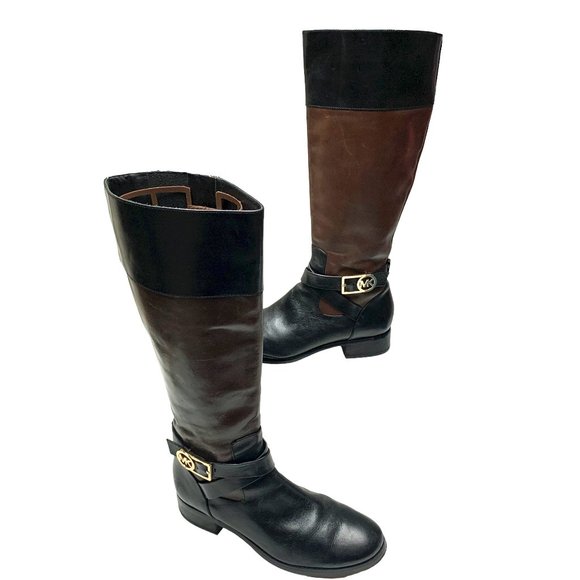 MICHAEL KORS Jet Set 6 Black‎ Brown Leather Zip Riding Boots - Picture 1 of 13